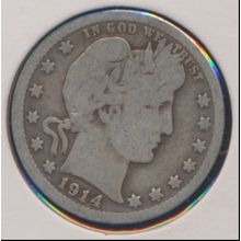 1914-P Barber 90% Silver Quarter, Circulated & Ungraded, Good Detail