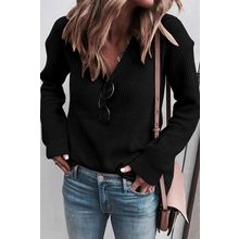 Black Ribbed Knit V Neck Sweater