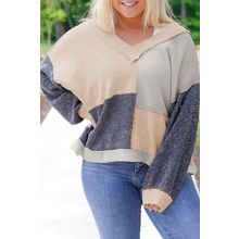 Ashleigh Blue Plus Size Textured Colorblock Patchwork V Neck Top