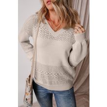 Brown Eyelet Pattern Detail V Neck Drop Shoulder Sweater