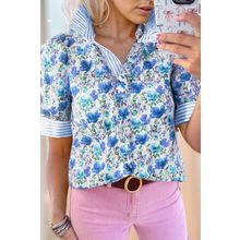 Sky Blue Floral Print Striped Patchwork Collared Short Sleeve Blouse