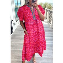 Red Allover Print Contrast Split Neckline Short Puff Sleeve Curvy Dress