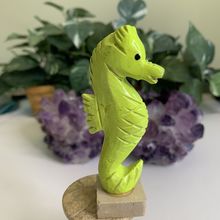 Yellow Painted Stone Seahorse Figurine Hand Carved Hand Painted Statuette 3.75"
