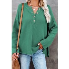 Green-2 Henley Pullover Drop Shoulder Sweater with Slits