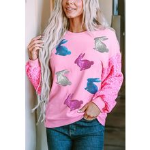 Pink Easter Bunny Patched Graphic Sequin Long Sleeve Top