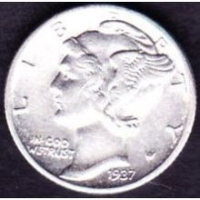 1937 USA 10 Cents Silver Coin Mercury