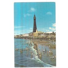 BEACH AND TOWER , BLACKPOOL, LANCASHIRE used vintage postcard 1973 postmark =