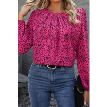 Rose Leopard Print Pleated Blouse with Keyhole
