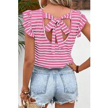 Pink Stripe Butterfly Sleeve V Neck Hollowed Knot Back T Shirt