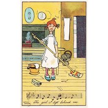 Cleaner Lady Mopping Sweeping Singing Antique Postcard