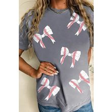 Gray Rugby Bow Knot Print Crewneck Casual T Shirt