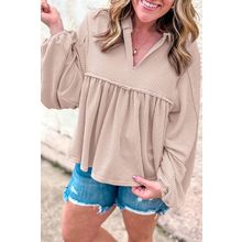 Parchment Corded Turn-down V Neck Bubble Sleeve Babydoll Blouse