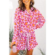Pink Leopard Print Long Sleeve Shirt and Shorts Pajama Set