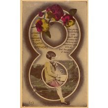 Happy 8th Birthday Girl Blowing Pipe Bubbles Old Real Photo Greetings Postcard