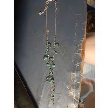 womens blue/green beaded hanging necklace silver tone