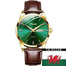 Gents Day & Date Green Face Steel Back Brown Leather Strap Watch