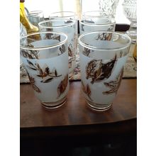 c1960s Libby Cordial/Water Glasses Etched with Gold Leaves & Frosted White x 6
