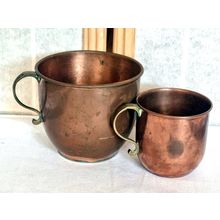 Antique Copper Mugs, Rustic Kitchen Display, French Country Decor