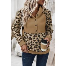 Light French Beige Leopard Print Patchwork Raglan Sleeve Half Buttons Hoodie