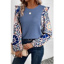 Ashleigh Blue Ruffled Floral Sleeve Patchwork Waffle Knit O Neck Blouse