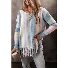 Purple Color Block Fringed Drop Shoulder Tunic Sweater