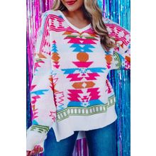 White Oversize Aztec Print High Low V Neck Sweater