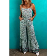 Green Bohemian Floral Ruffle Bottom Spaghetti Strap Jumpsuit