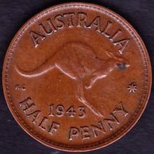 1943 Australia 1 Half Penny Coin