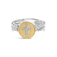 18K Yellow Gold Plated .925 Sterling Silver Diamond Cross Ring with Satin Fin...