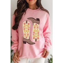 Pink Floral Cowgirl Boots Graphic Drop Shoulder Sweatshirt