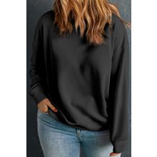 Black Solid Crew Neck Drop Shoulder Plus Size Sweatshirt