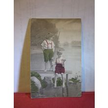CHILDREN FISHING used antique postcard by O.I.A. 1922 pm =