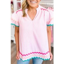 Pink Stripe Ricrac Trim Split Neck Striped Ruffled Sleeve Blouse