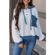 White Corded Colorblock Patch Pocket Drawstring Hooded Top