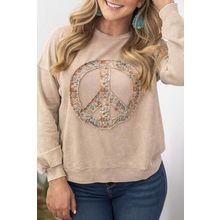 Pale Khaki Floral Peace Sign Graphic Washed Terry Plus Size Sweatshirt