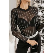 Black Rhinestone Decor Striped Mesh Long Sleeve Bodysuit