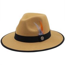 New Men’s Tan & Black Fedora Wool Feather Dress Hat (Size 56-58CM)