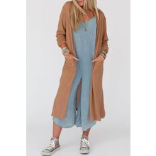 Chestnut Long Waffle Knit Cardigan with Pockets