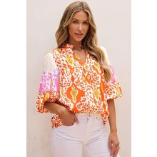 Orange Leopard Colorblock Puff Sleeve Split Neck Blouse