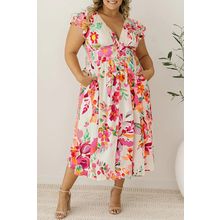 Pink Floral Print V Neck Ruffle Sleeve Plus Size Midi Dress