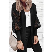 Black Crochet Lace Sleeve Ribbed Knit Cardigan