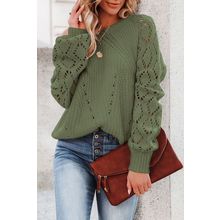 Green Hollow-out Puffy Sleeve Knit Sweater