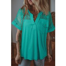 Sea Green Lace Patchwork Split Neck Textured Short Sleeve Blouse