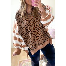Khaki Stripe Color Block Patchwork Leopard Casual Sweatshirt with Slits