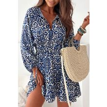 Blue Vintage Print Lace up V Neck Long Sleeve Mini Dress
