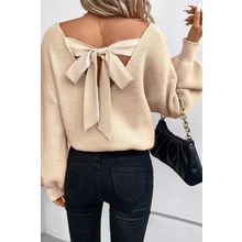 Apricot Lantern Sleeve V Neck Knot Back Sweater