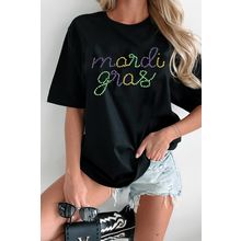 Black Rhinestone Mardi Gras Letter Graphic T Shirt