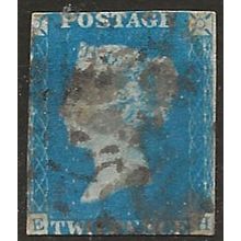 1840 SG6 2d Blue 3 Margins, close at left, crisp black Maltese Cros Fine Used ..