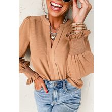 Straw Yellow Solid Color Shirred Cuff Notch V Neck Blouse