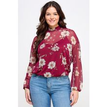 Women's Wine Mesh Floral Ls Top W/Cami